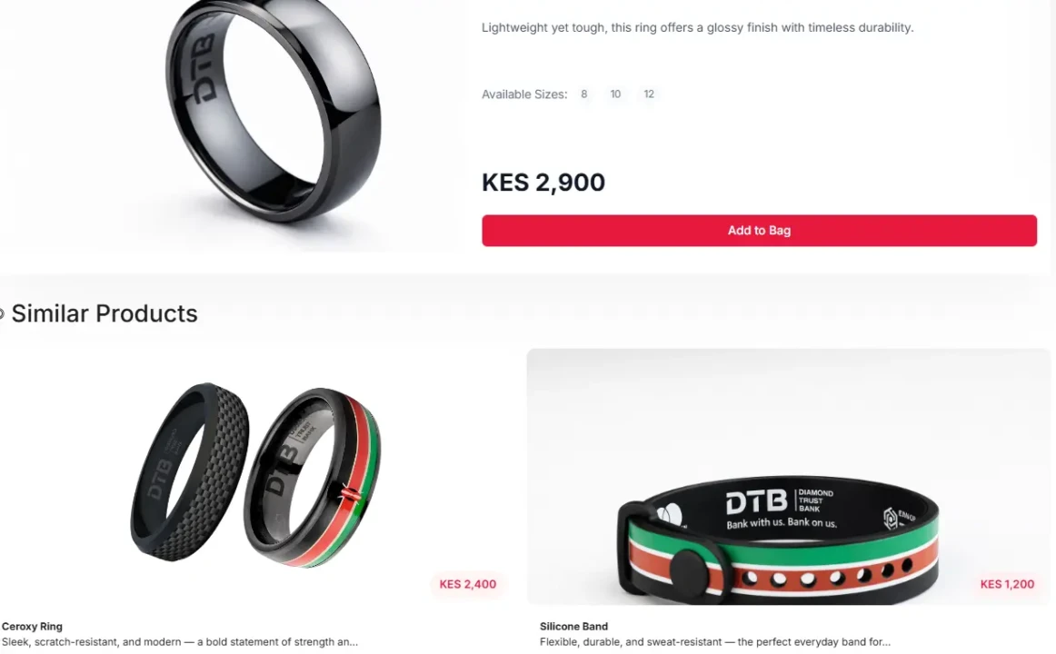 A sleek black ring with a glossy finish is priced at KES 2,900. Below are similar products: a black textured ring and a Kenyan flag-themed ring for KES 2,400, alongside a DTB-themed silicone band priced at KES 1,200.