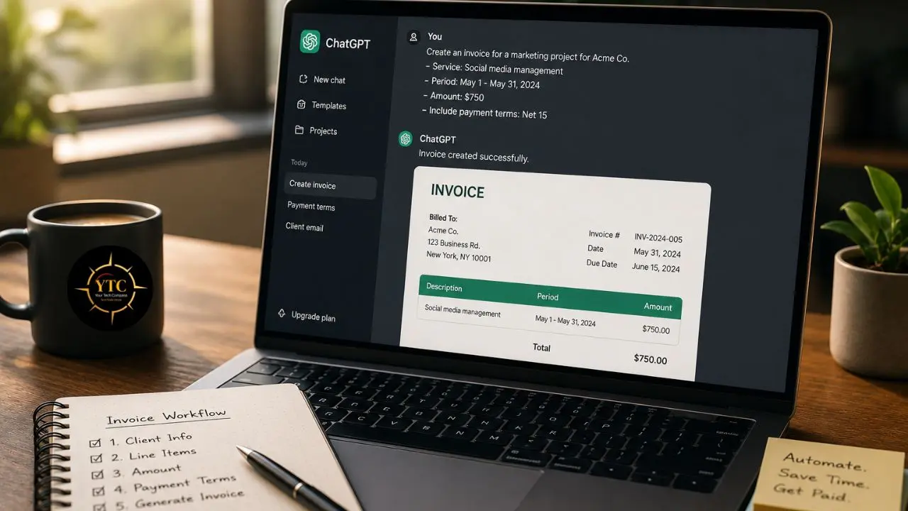 Laptop displaying ChatGPT successfully generating a $750 invoice next to a notepad detailing an invoice workflow, a coffee mug, and a small plant.