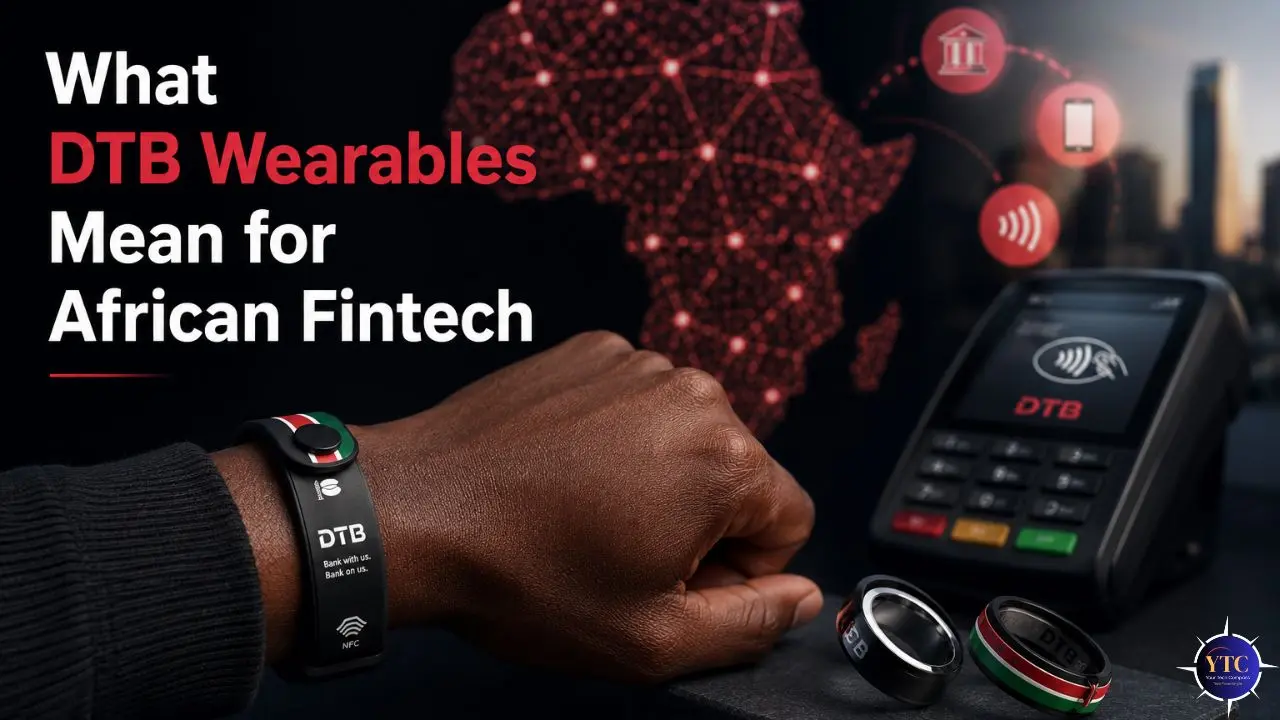 Image showcasing a smart wristband and rings labeled 'DTB' near a payment terminal, with a map of Africa connected by digital nodes in the background. Text reads: 'What DTB Wearables Mean for African Fintech.' Tone is modern and innovative.