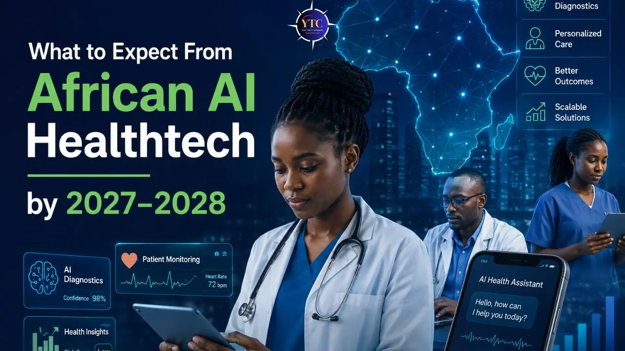 Doctors using AI healthtech devices in front of a digital African map. Text reads 'What to Expect From African AI Healthtech by 2027–2028.' Keywords include diagnostics, personalised care, and scalable solutions.