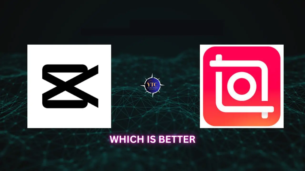 Split image comparing two app logos: CapCut on the left and InShot on the right. Text below asks, "WHICH IS BETTER" on a network-patterned background.