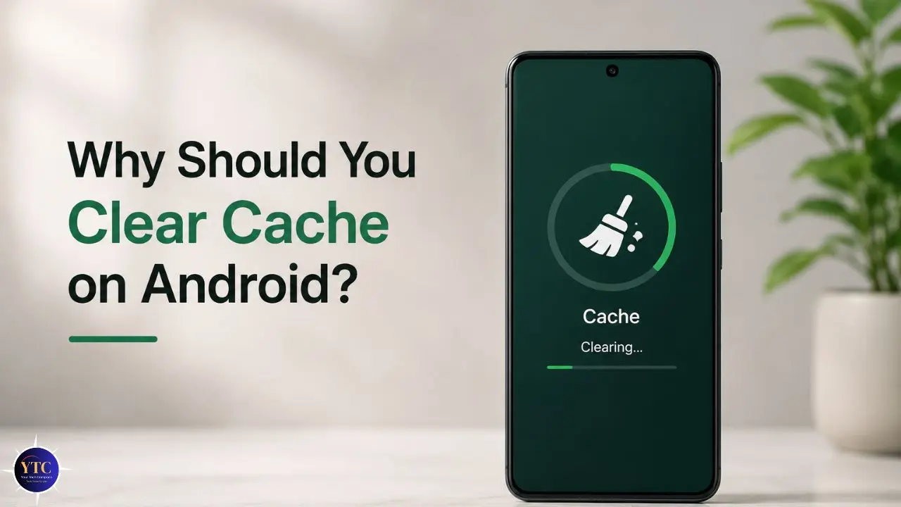 A smartphone screen displays a cache clearing graphic. Text on the left reads, "Why Should You Clear Cache on Android?" A calm and informative tone.