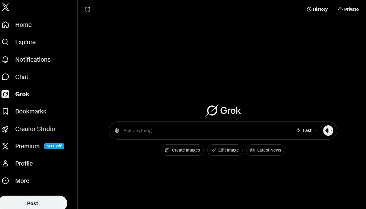 Dark interface of a digital platform featuring a sidebar with options like Home, Explore, Notifications, Grok, and more. Central search bar with options.