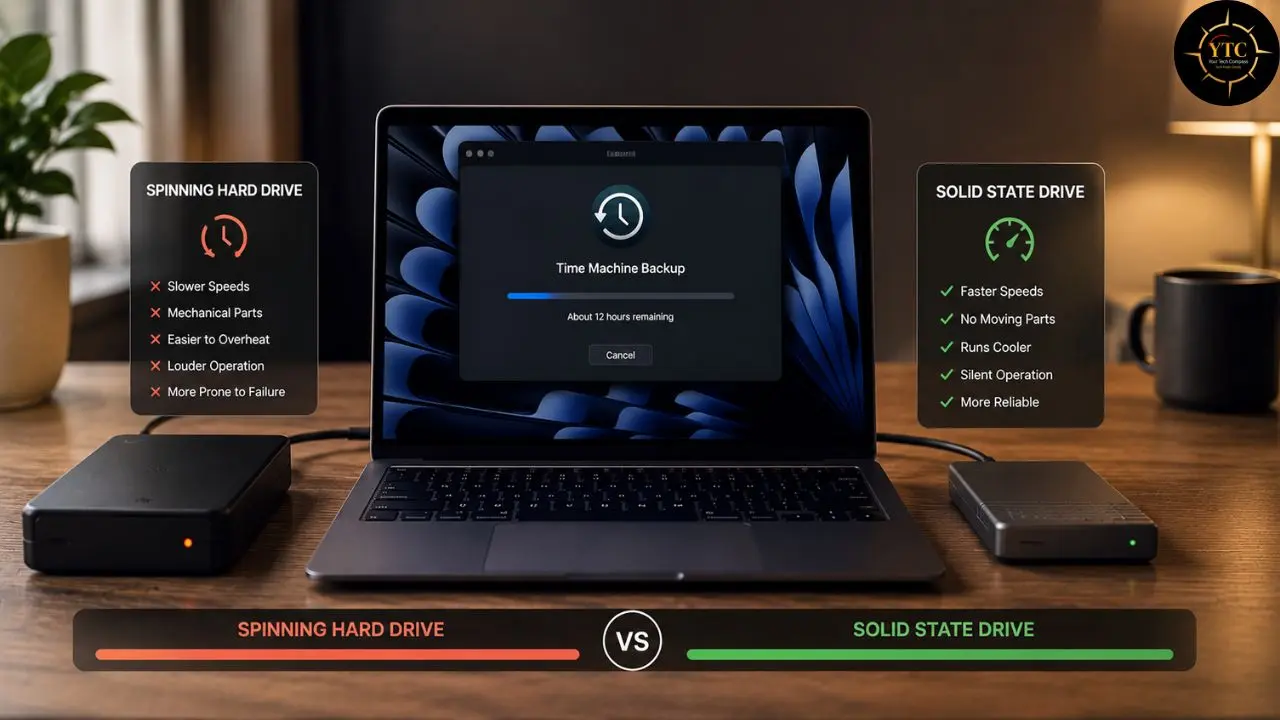 Comparison graphic showing the disadvantages of a Spinning Hard Drive versus the advantages of a Solid State Drive next to a laptop running a Time Machine backup.