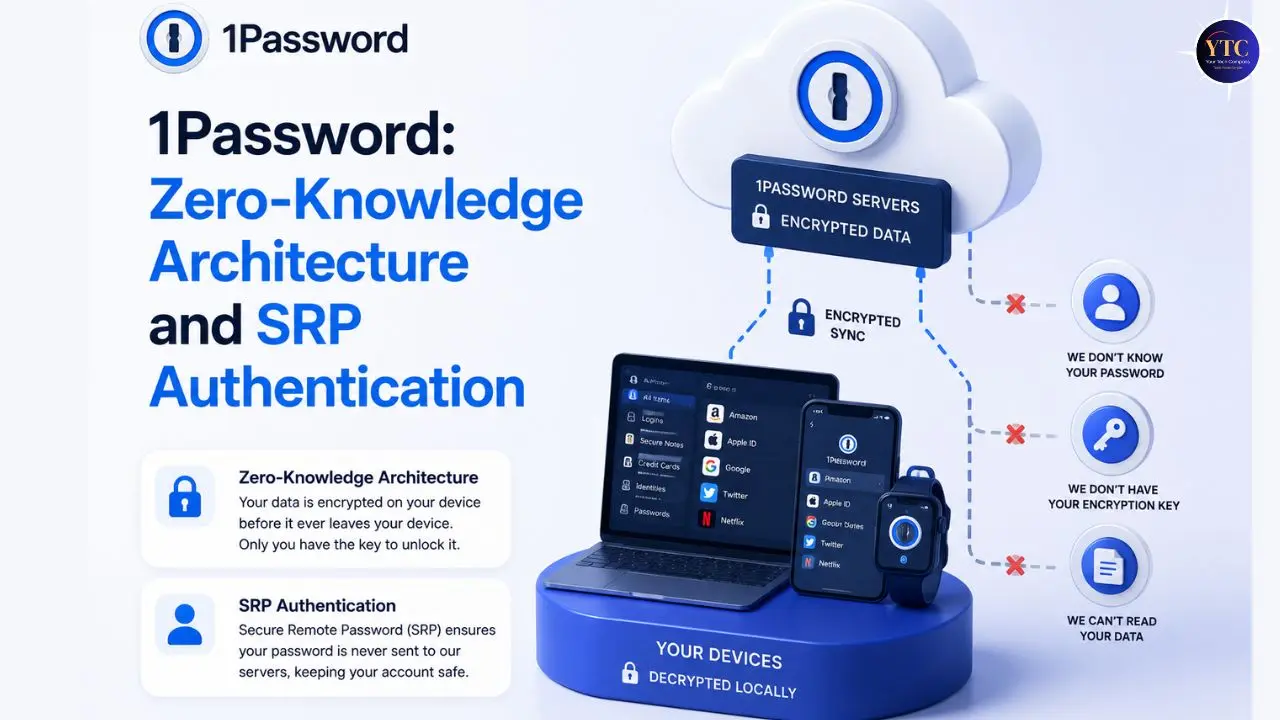 Infographic titled '1Password: Zero-Knowledge Architecture and SRP Authentication' features a cloud image denoting encrypted data. A laptop, phone, and smart device illustrate data decrypted locally. Icons explain zero-knowledge and SRP authentication, emphasizing privacy and security: 'Your data is encrypted before leaving your device' and 'Password never sent to servers.' Key points highlighted are 'We don't know your password,' 'We don't have your encryption key,' and 'We can't read your data.'