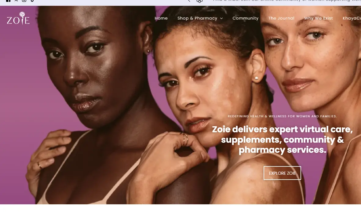 Three women of diverse backgrounds pose confidently against a pink background. Overlaid text promotes virtual care and wellness services.