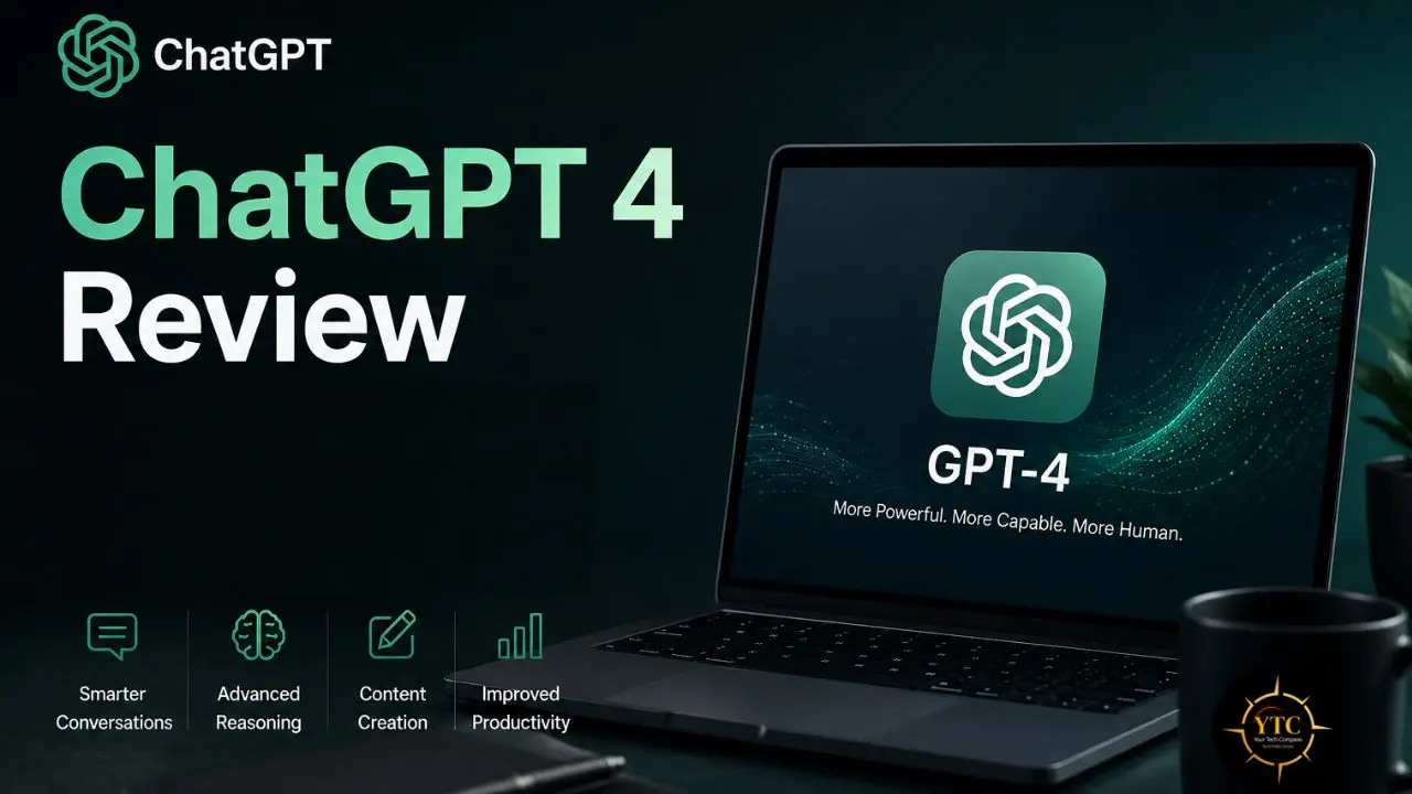 Laptop displaying ChatGPT 4 review with GPT-4 logo and key features like Smarter Conversations.