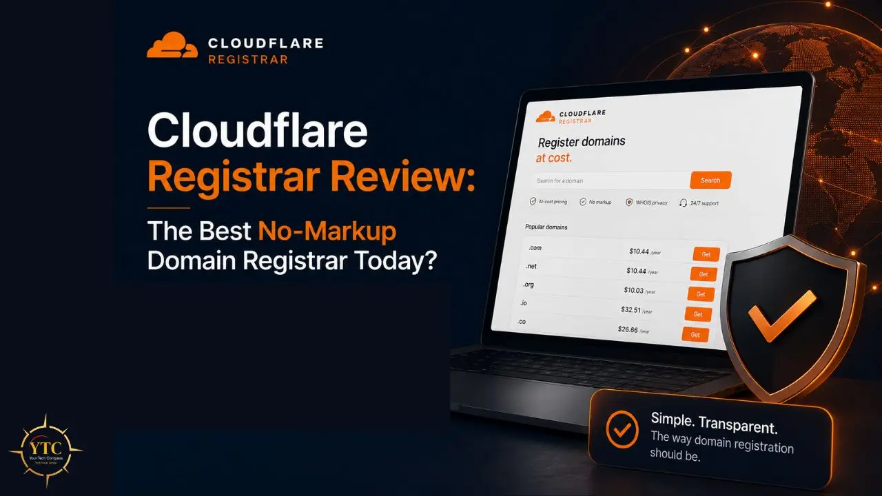 Cloudflare Registrar review shows domain registration interface on a laptop with a shield and text overlay promoting simplicity and transparency.