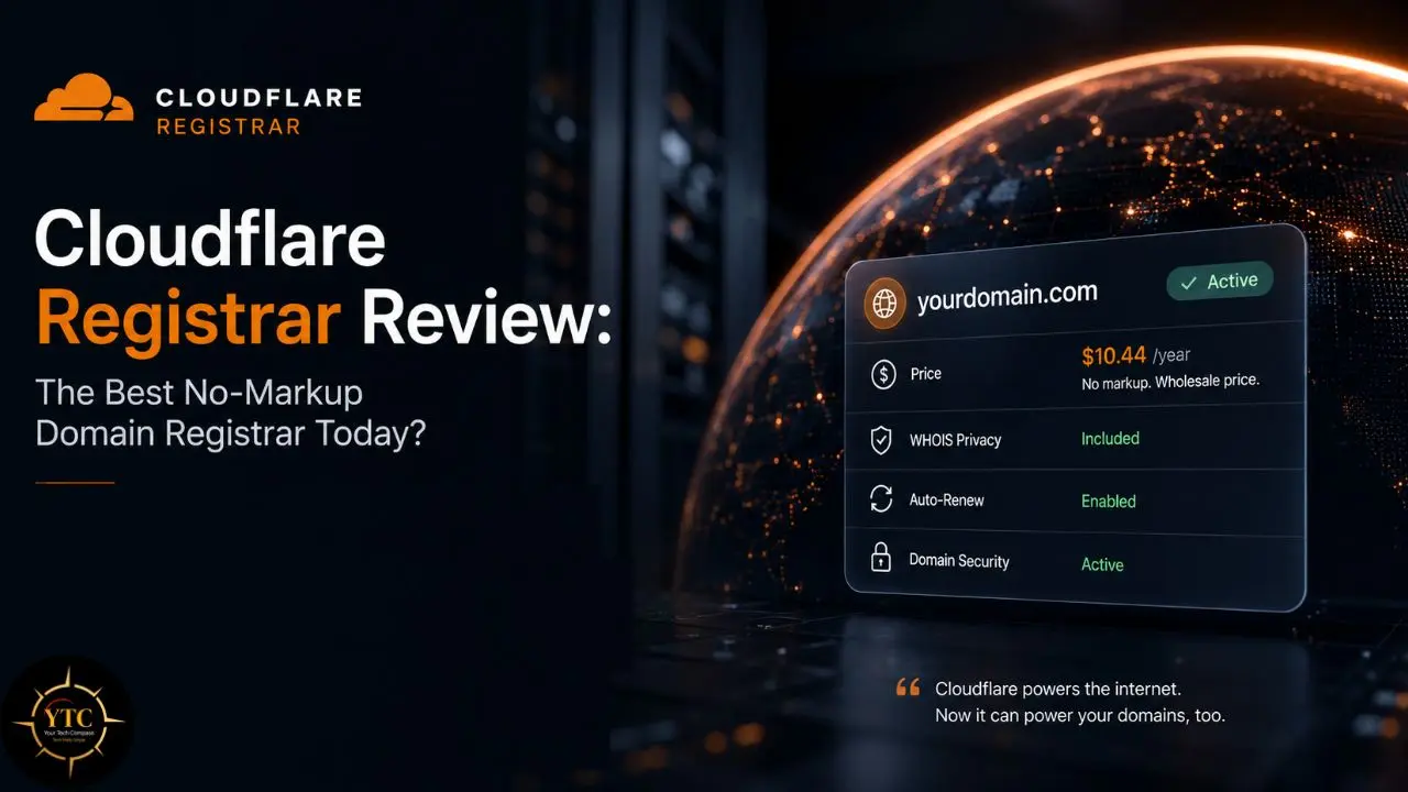 Cloudflare Registrar review with a domain dashboard showing price, WHOIS privacy, auto-renew, and domain security features.