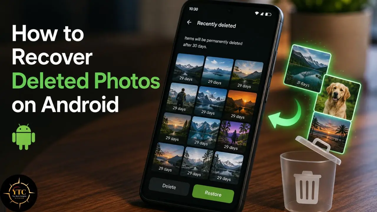 Smartphone screen displays "Recently deleted" photos with an arrow pointing towards a trash can, illustrating how to recover deleted photos on Android.