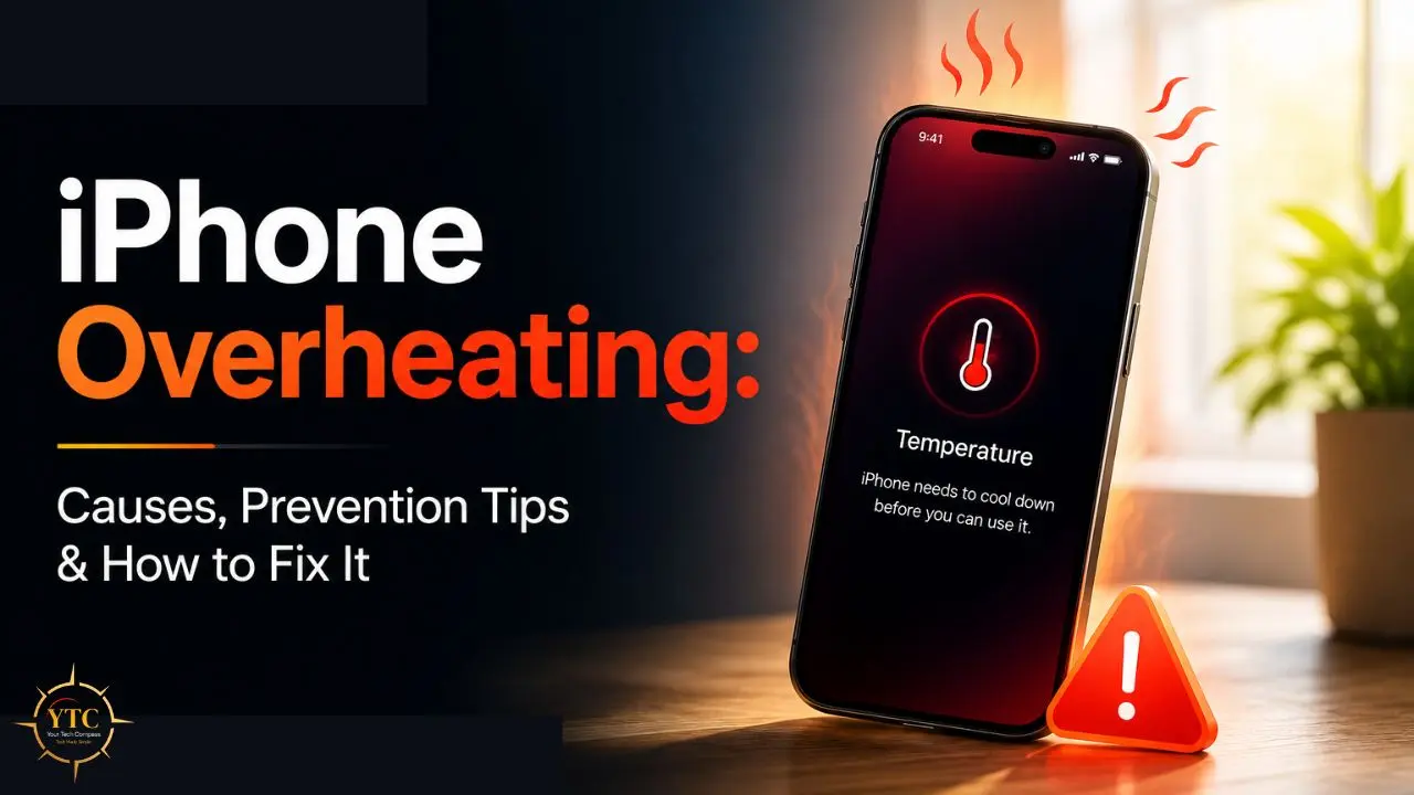 Graphic titled "iPhone Overheating" with a phone displaying a temperature warning.