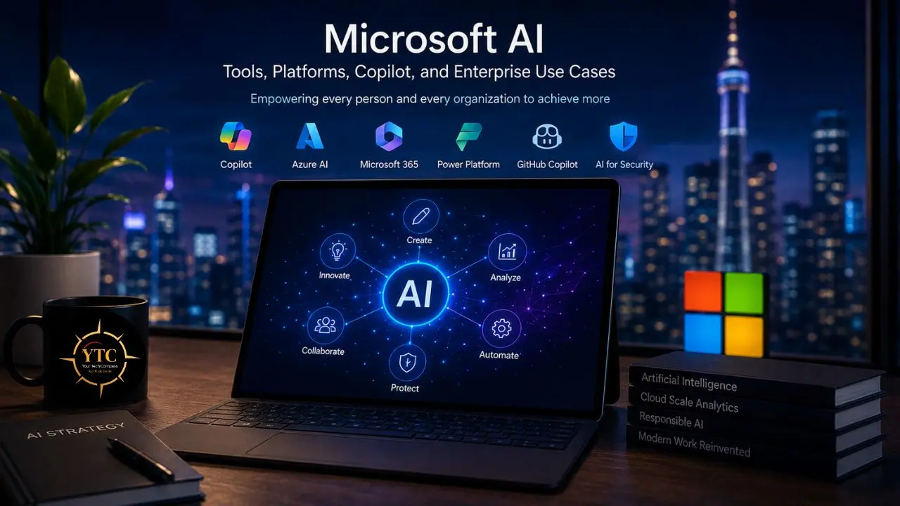 Laptop displaying an AI strategy flowchart with Microsoft AI branding and products visible in the background, set against a city skyline.