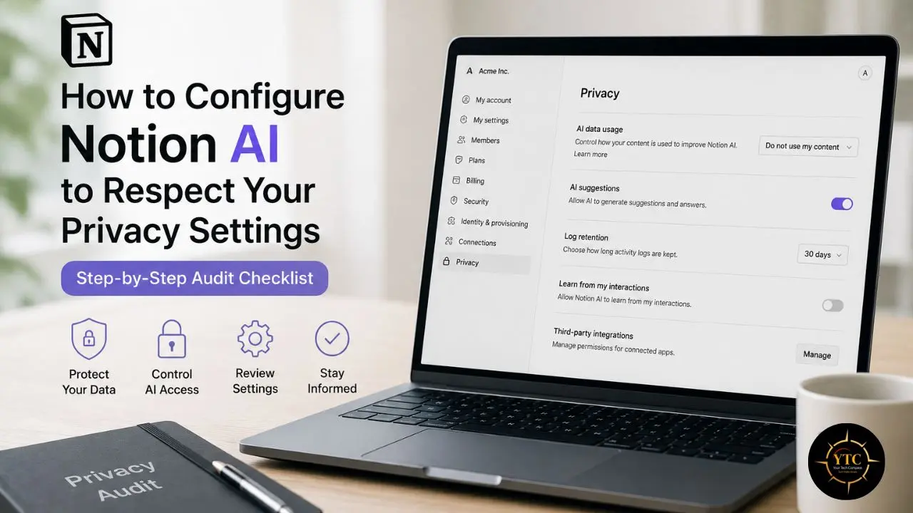 Laptop displaying Notion AI privacy settings with text overlay on "How to Configure Notion AI to Respect Your Privacy Settings."