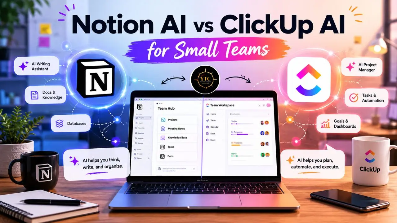 Infographic comparing Notion AI and ClickUp AI features for small teams, displayed on a laptop screen with surrounding icons and text.