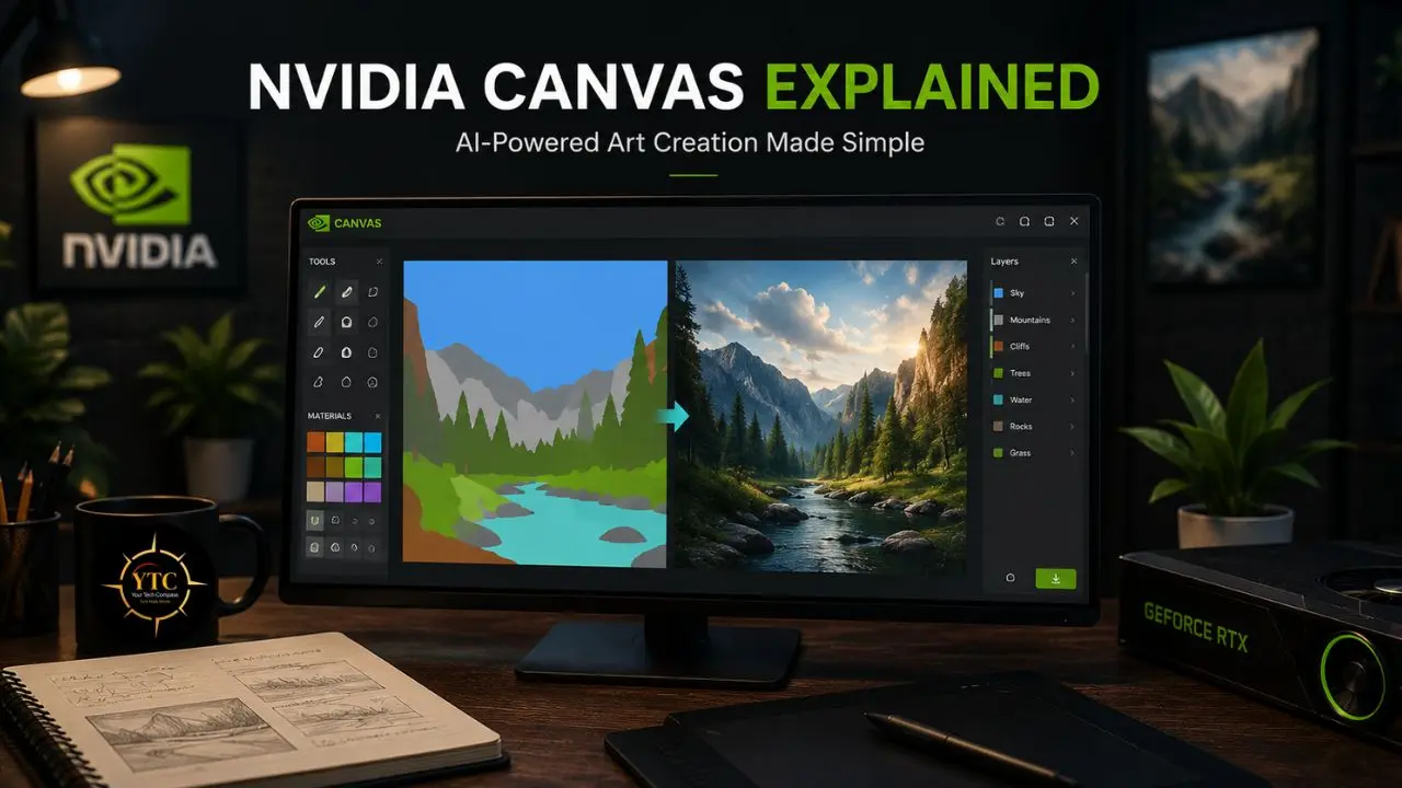 A computer screen shows NVIDIA Canvas software transforming a simple landscape drawing into a photorealistic mountain scene.