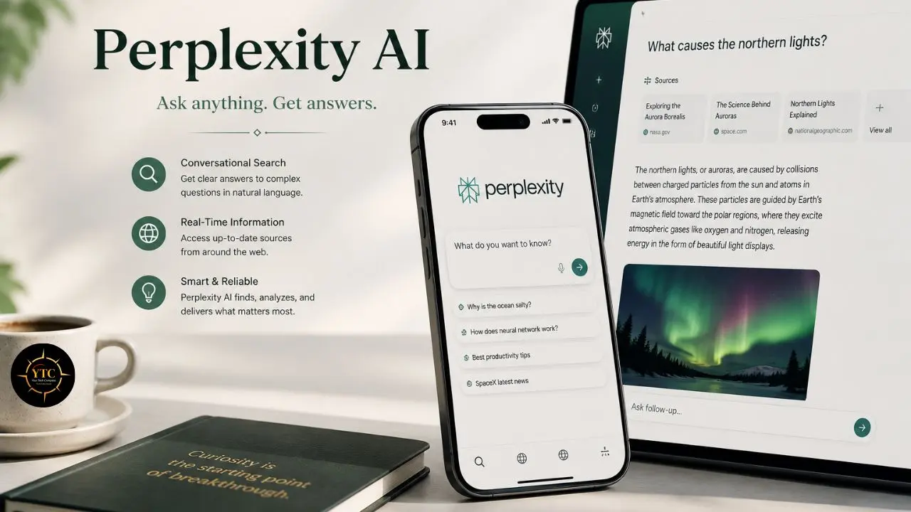 Perplexity AI interface on a smartphone and tablet showing information about northern lights alongside promotional text and icons.