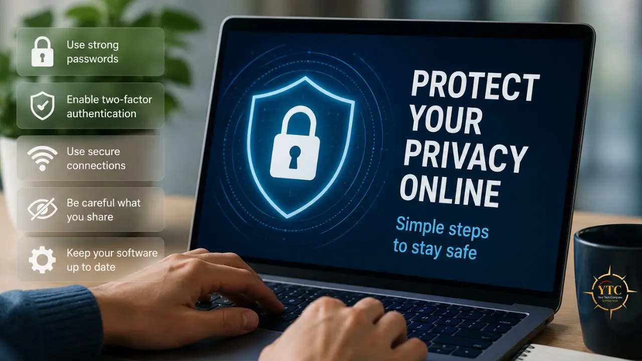 Hands typing on a laptop displaying "PROTECT YOUR PRIVACY ONLINE" with a shield and lock icon, alongside a list of online safety tips.
