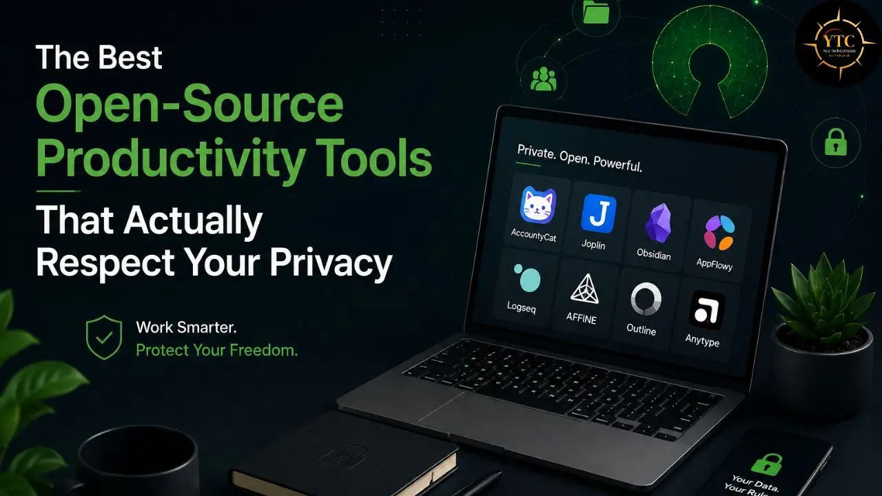 Laptop screen displaying icons for open-source productivity tools like Joplin and Obsidian, with text "The Best Open-Source Productivity Tools That Actually Respect Your Privacy."