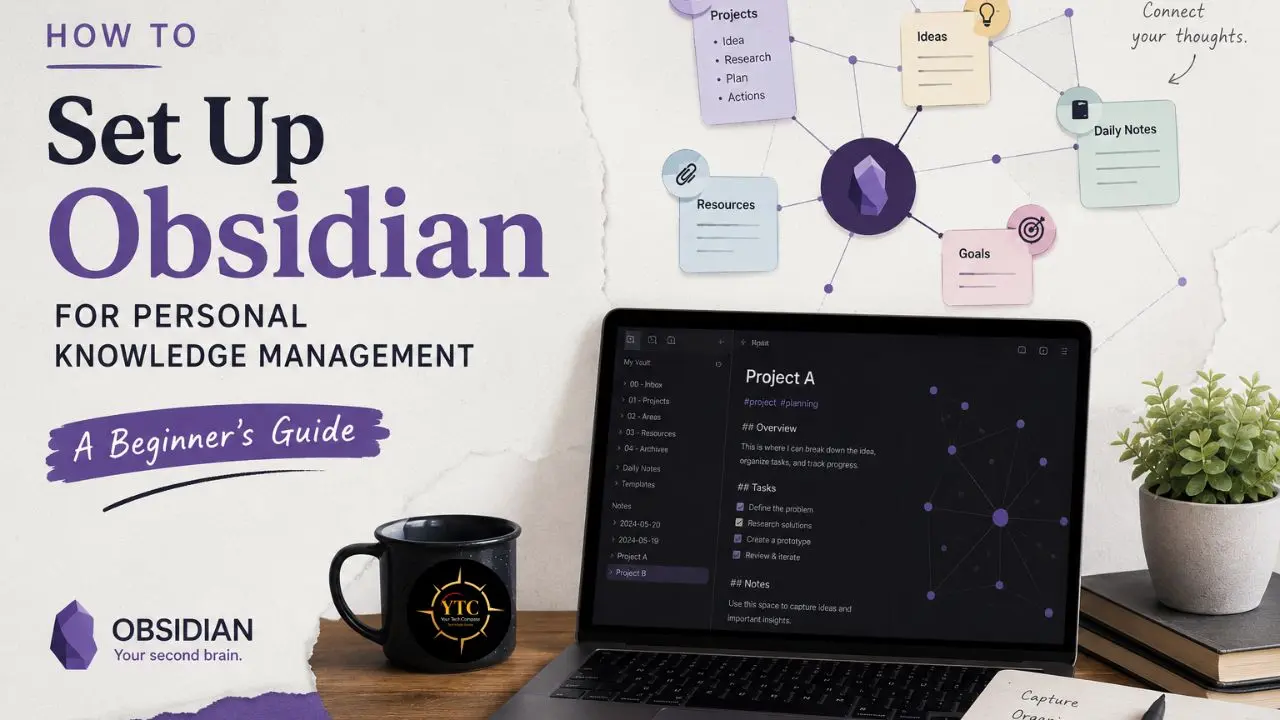 Laptop displaying Obsidian for personal knowledge management with a mind map and mug.