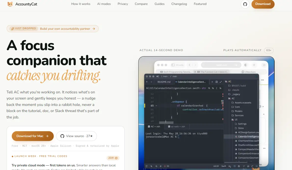Screenshot of the AccountyCat website showing a description of a focus companion tool and a code editor on a laptop screen.