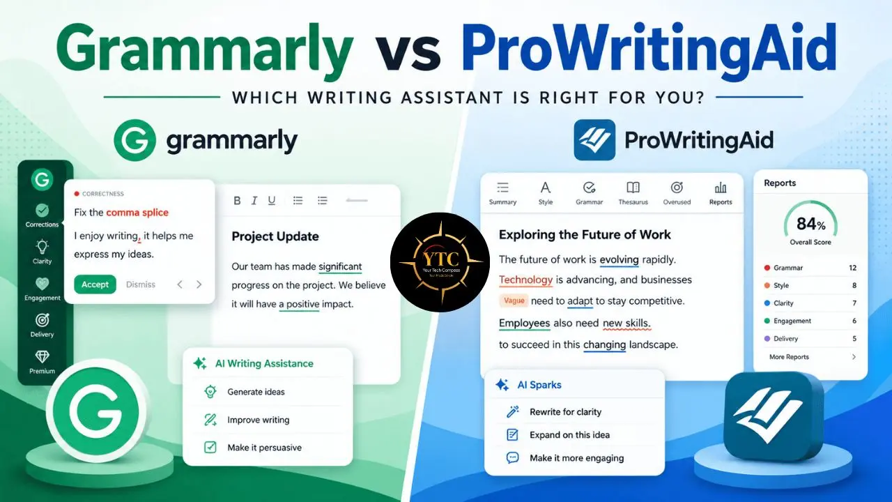 Comparison infographic of Grammarly and ProWritingAid writing assistants, showing features and user interfaces.