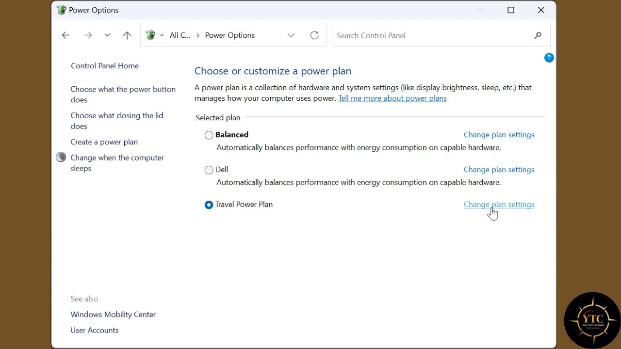 Windows Power Options control panel showing selected "Travel Power Plan" with options to change settings.