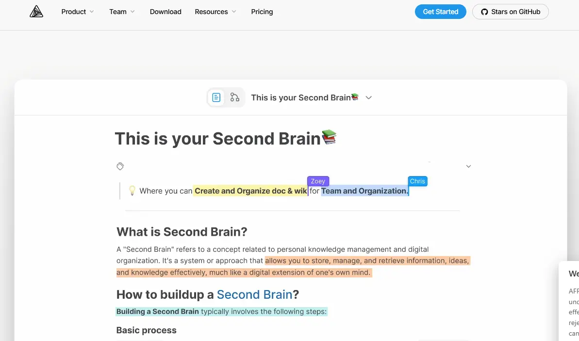 Screenshot of a webpage discussing "This is your Second Brain," with highlighted text and user tags.