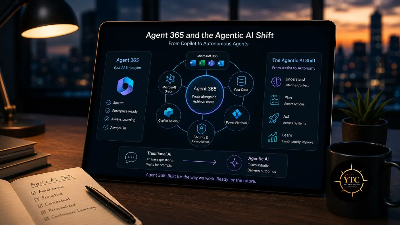 Tablet displays a diagram illustrating "Agent 365 and the Agentic AI Shift" with related Microsoft 365 integrations and AI capabilities.