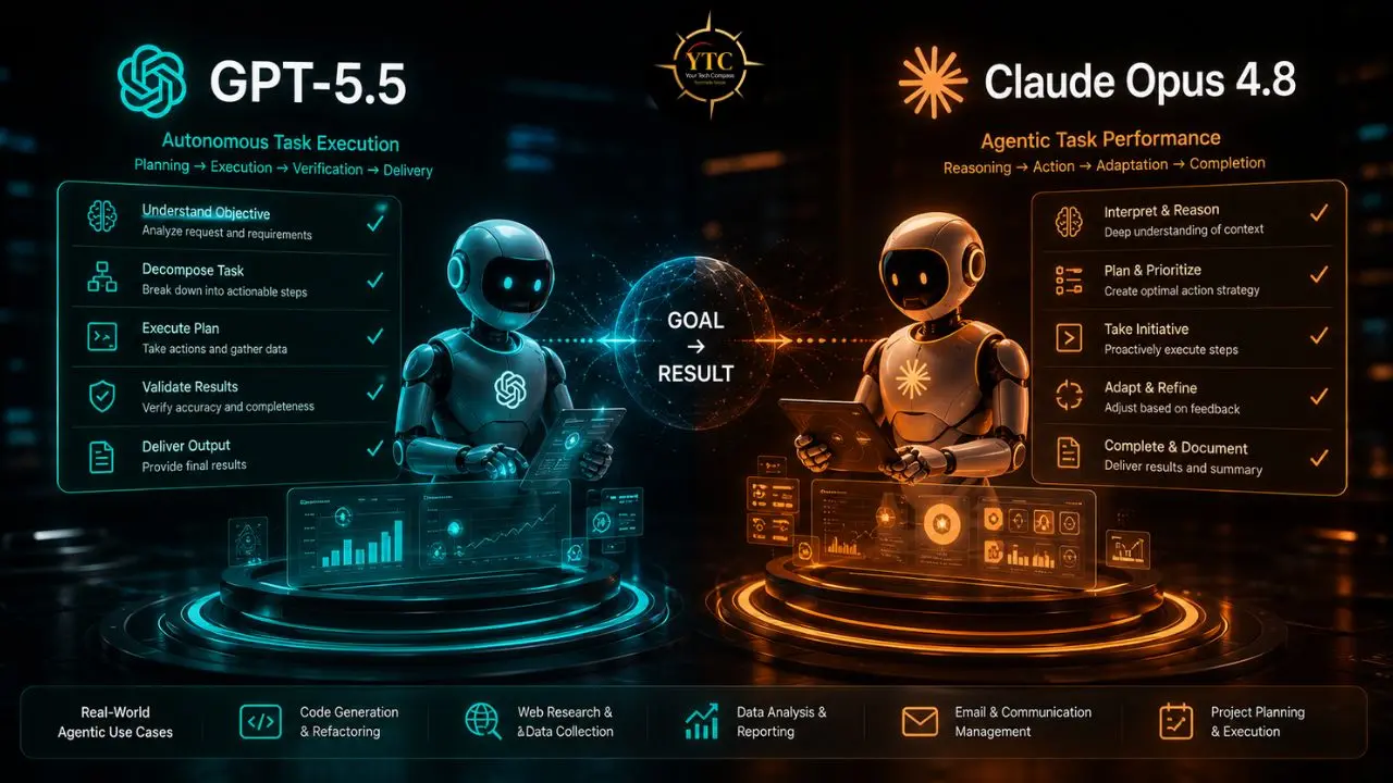 Two AI agents, GPT-5.5 and Claude Opus 4.8, are depicted demonstrating autonomous task execution and agentic task performance with associated use cases.