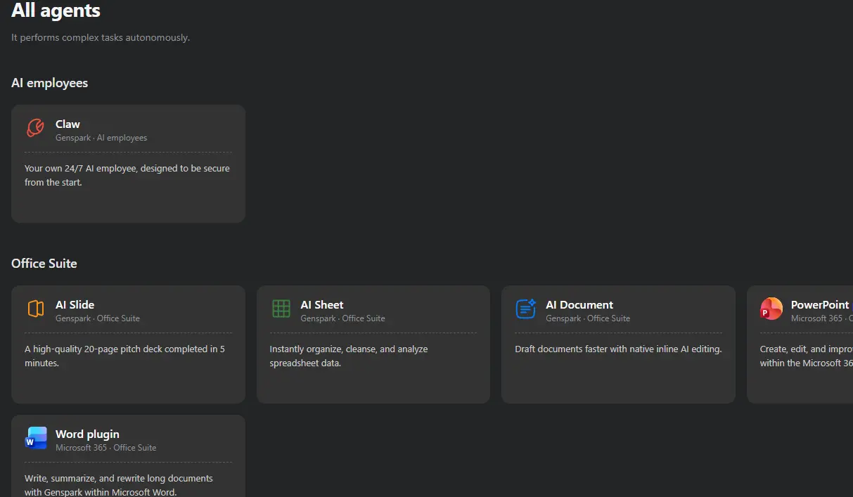 Genspark AI agents and office suite tools, including AI Slide, AI Sheet, AI Document, PowerPoint, and a Word plugin.