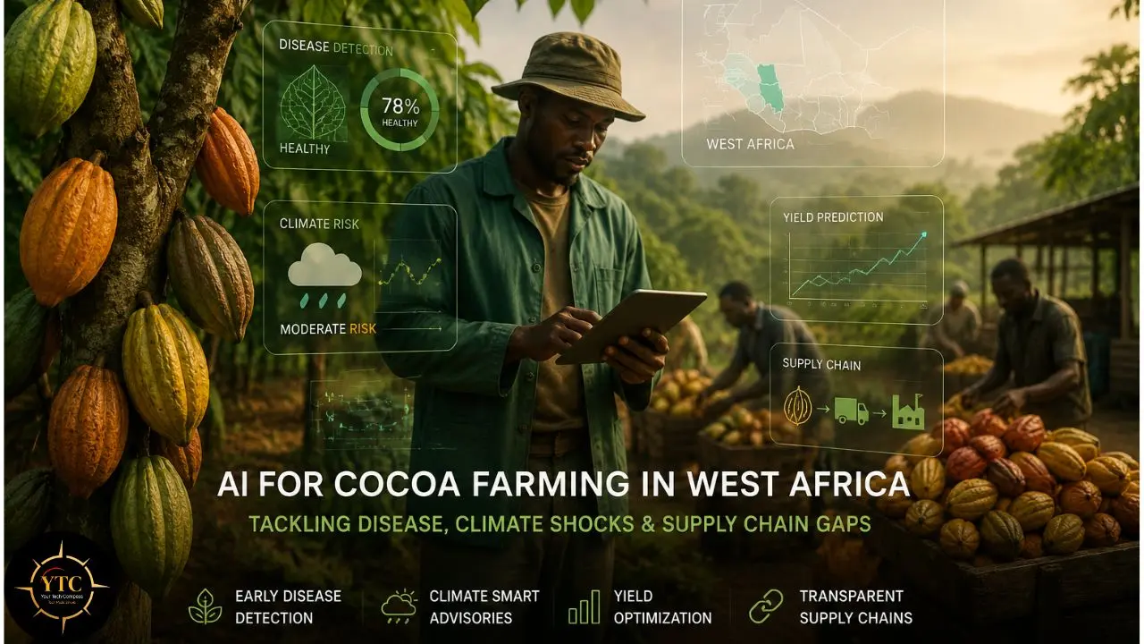 Farmer using tablet in West Africa cocoa farm with AI overlays showing disease detection, climate risk, and yield prediction.