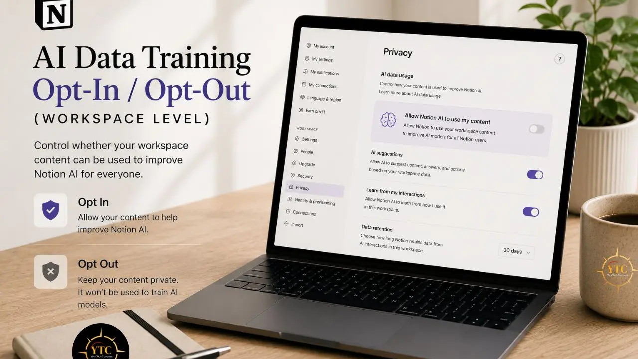 Notion laptop screen displays AI data training opt-in/opt-out settings with privacy options.