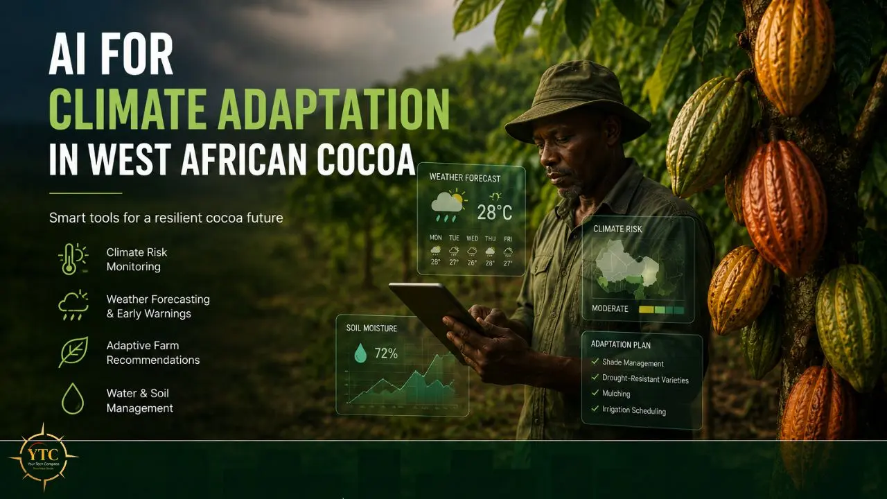 Farmer using a tablet in a West African cocoa farm with AI climate adaptation data overlays.