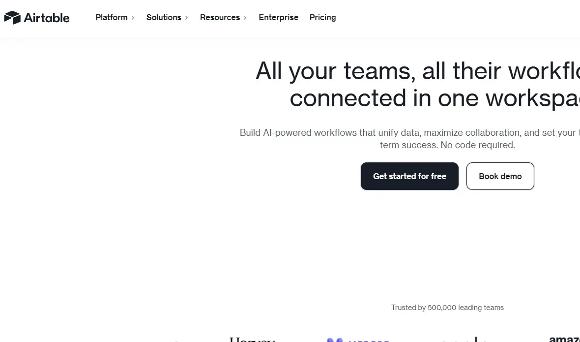 Airtable homepage displaying text promoting team collaboration and workflow integration. Features "Get started for free" and "Book demo" buttons.