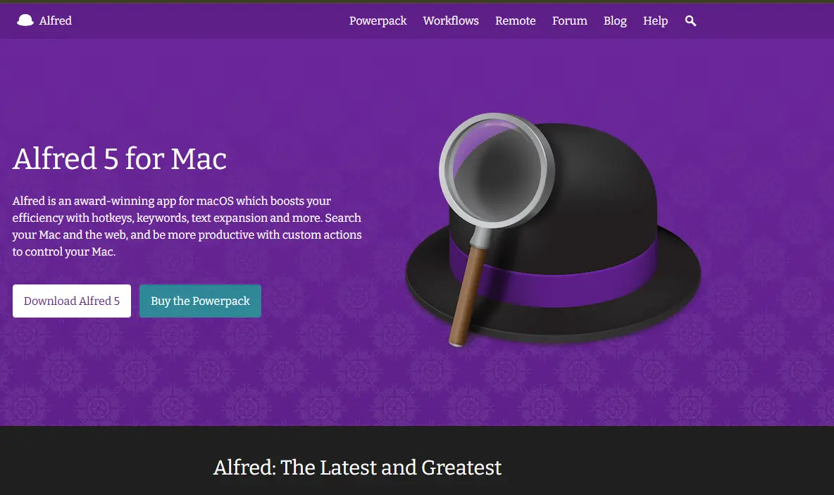 A magnifying glass hovers over a black bowler hat with a purple band, set against a purple patterned background promoting Alfred 5 for Mac.