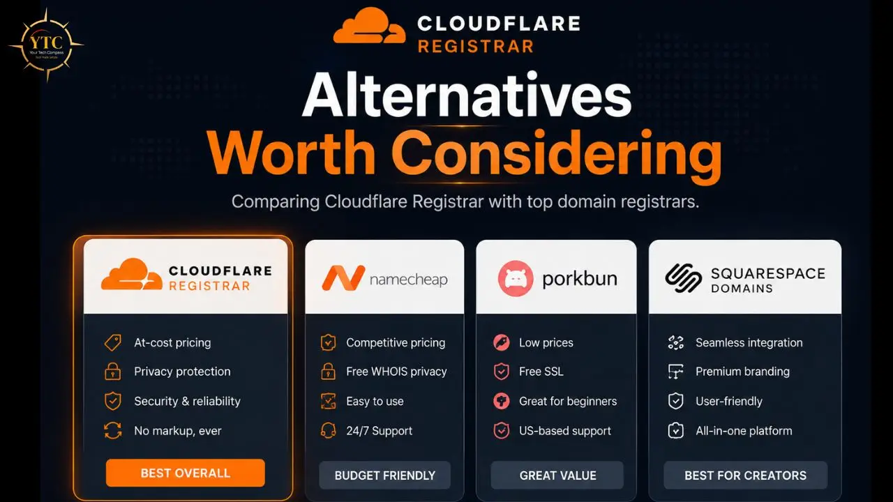 Comparison of Cloudflare Registrar with Namecheap, Porkbun, and Squarespace Domains, highlighting features and benefits.