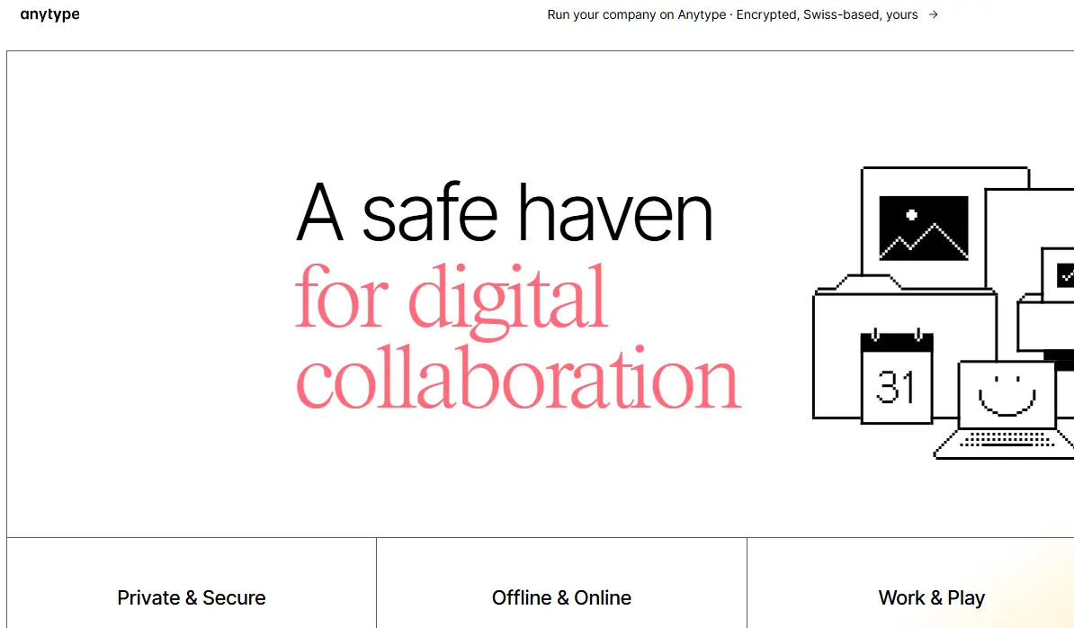 Anytype website with text "A safe haven for digital collaboration" and minimalist illustrations of computers and a calendar.
