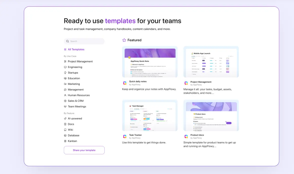 AppFlowy interface showcasing ready-to-use templates for project management, task tracking, and product documentation with a sidebar for template categories.