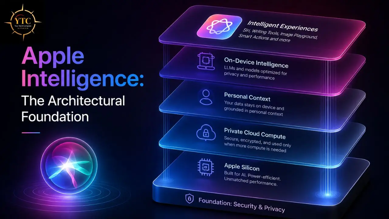 Diagram illustrating Apple Intelligence architectural foundation with layers of intelligent experiences, on-device intelligence, personal context, private cloud compute, Apple Silicon, and foundation of security & privacy.