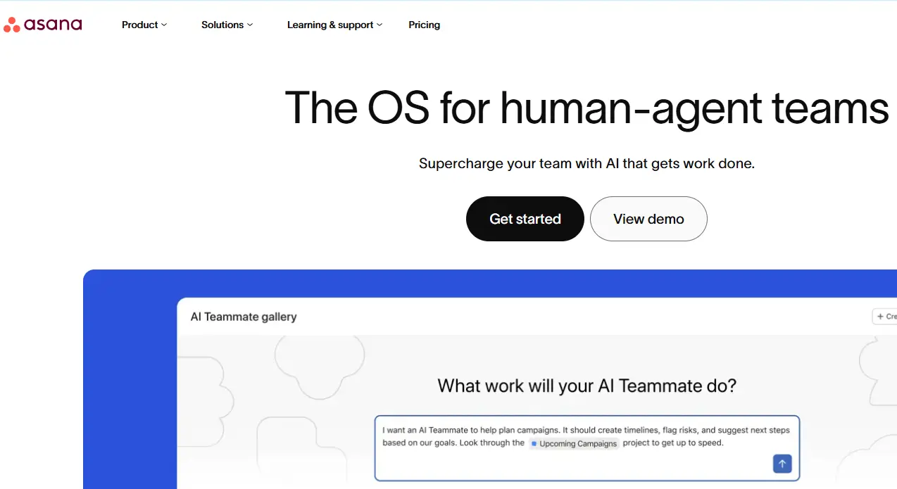 Asana homepage displays "The OS for human-agent teams" with "Get started" and "View demo" buttons.
