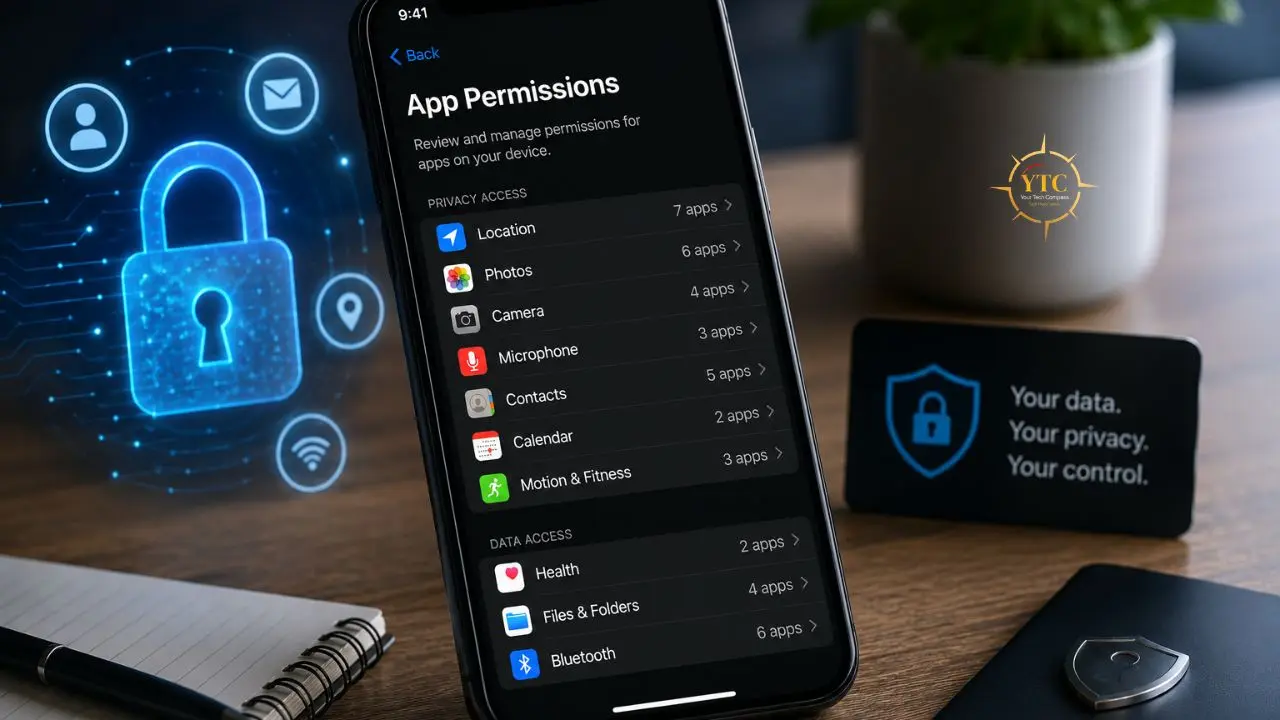 iPhone screen displays app permissions with privacy icons and a digital padlock graphic.