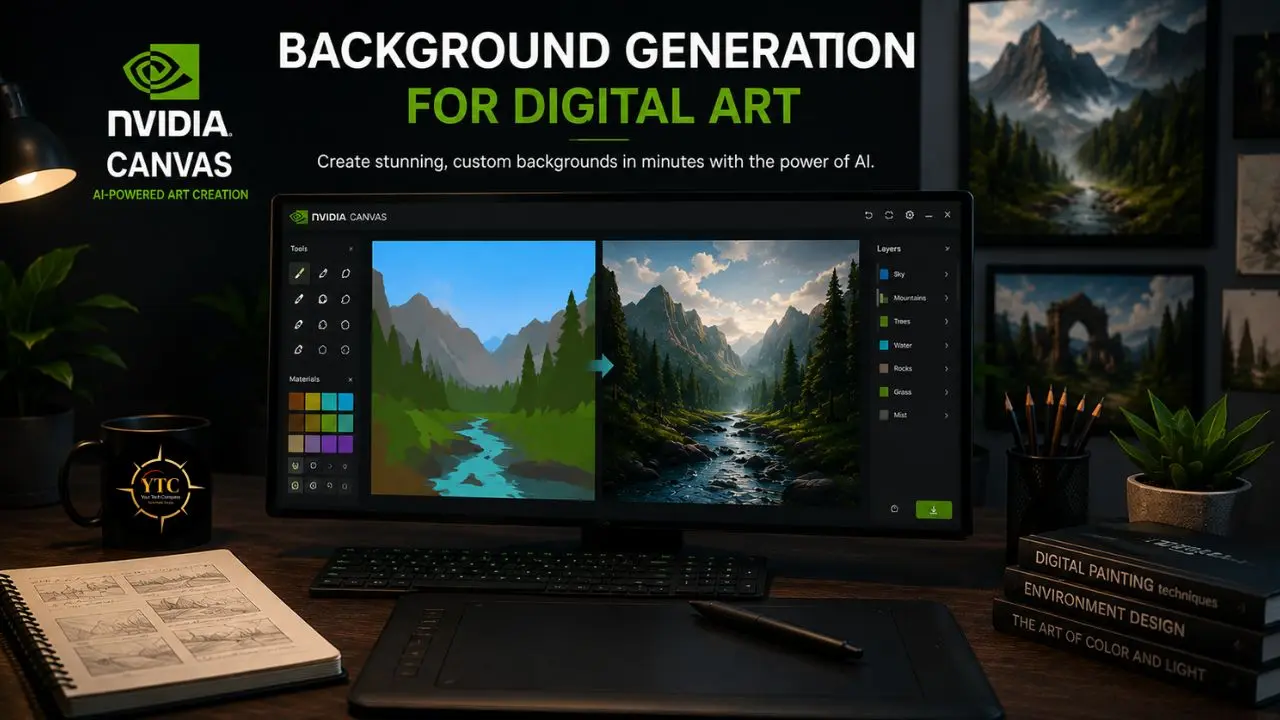 NVIDIA Canvas software displayed on a computer screen, showing a before-and-after AI art generation of a mountain landscape.