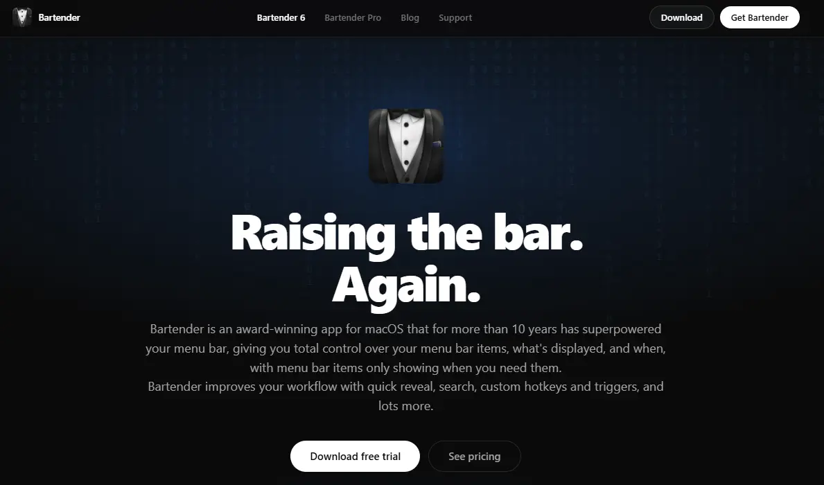 Bartender app website with the slogan "Raising the bar. Again." and a tuxedo icon.