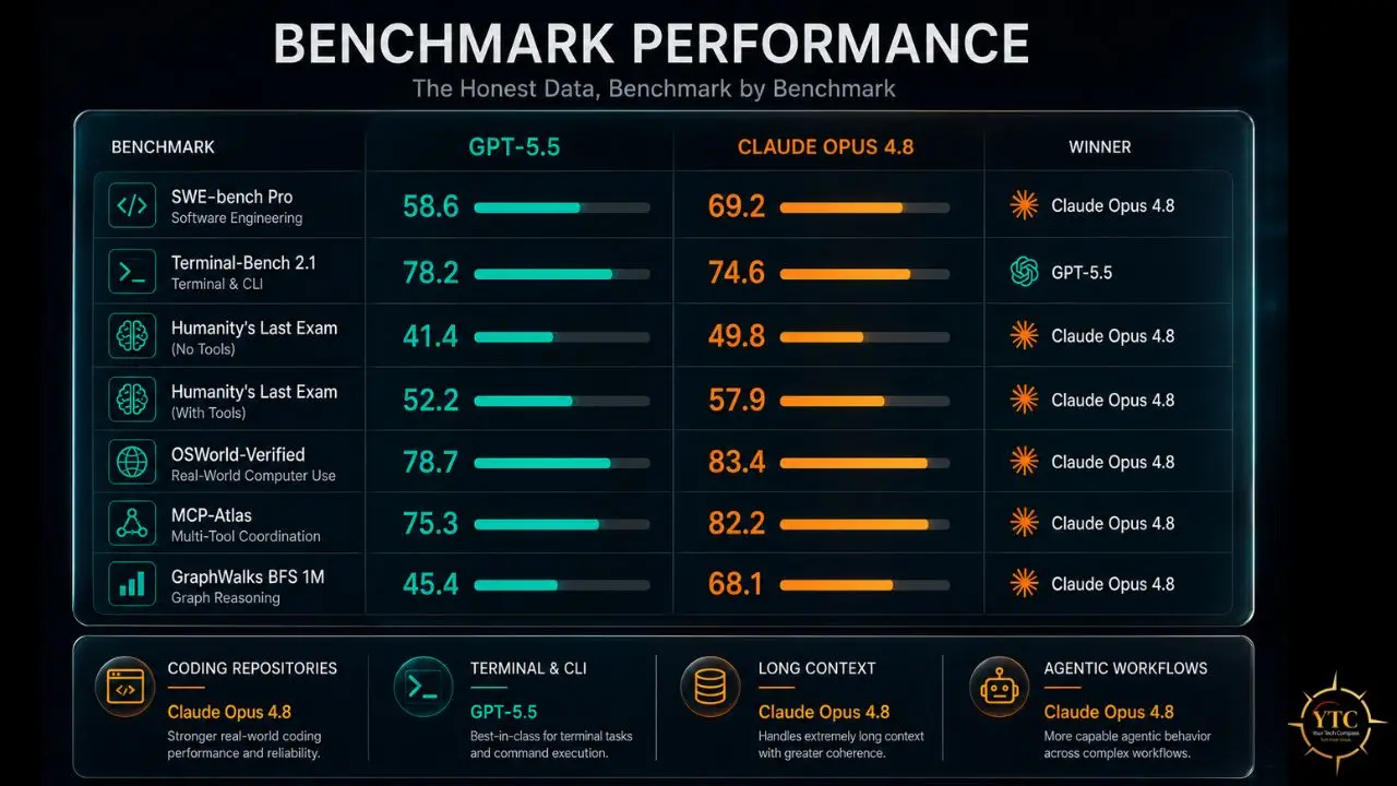 Benchmark performance table comparing GPT-5.5 and Claude Opus 4.8 across various benchmarks.