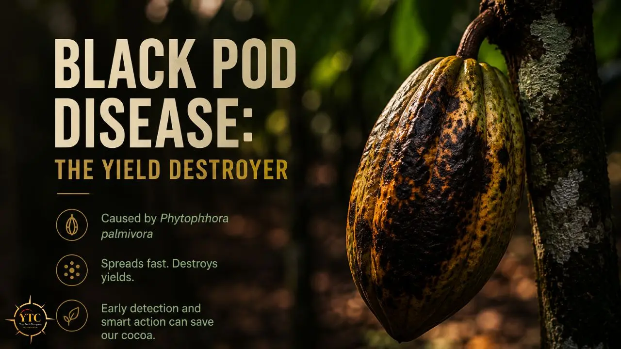 A diseased cacao pod with black spots hangs from a tree, with text highlighting "Black Pod Disease: The Yield Destroyer."