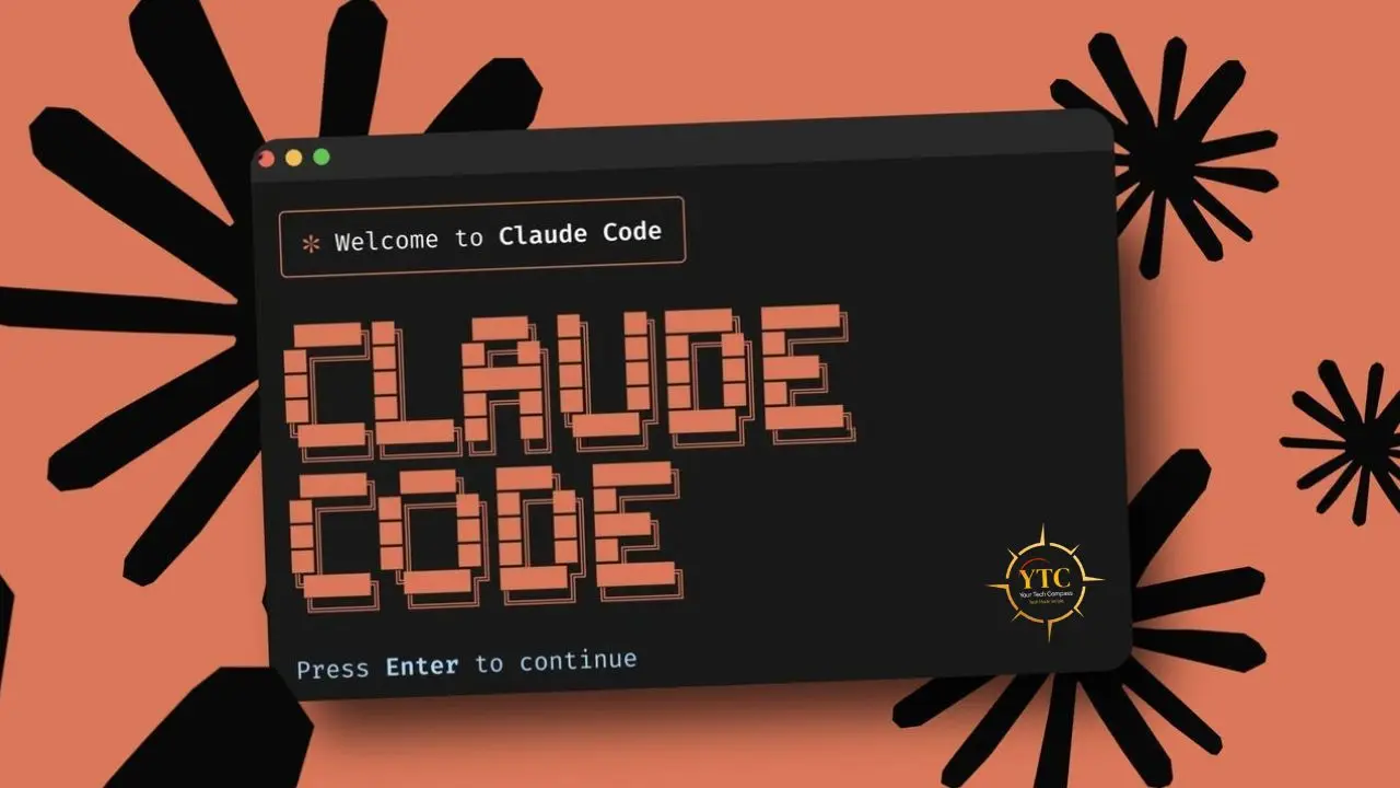 A black computer screen with orange pixelated text that reads "CLAUDE CODE" and "* Welcome to Claude Code" is displayed on an orange background with black starburst graphics.