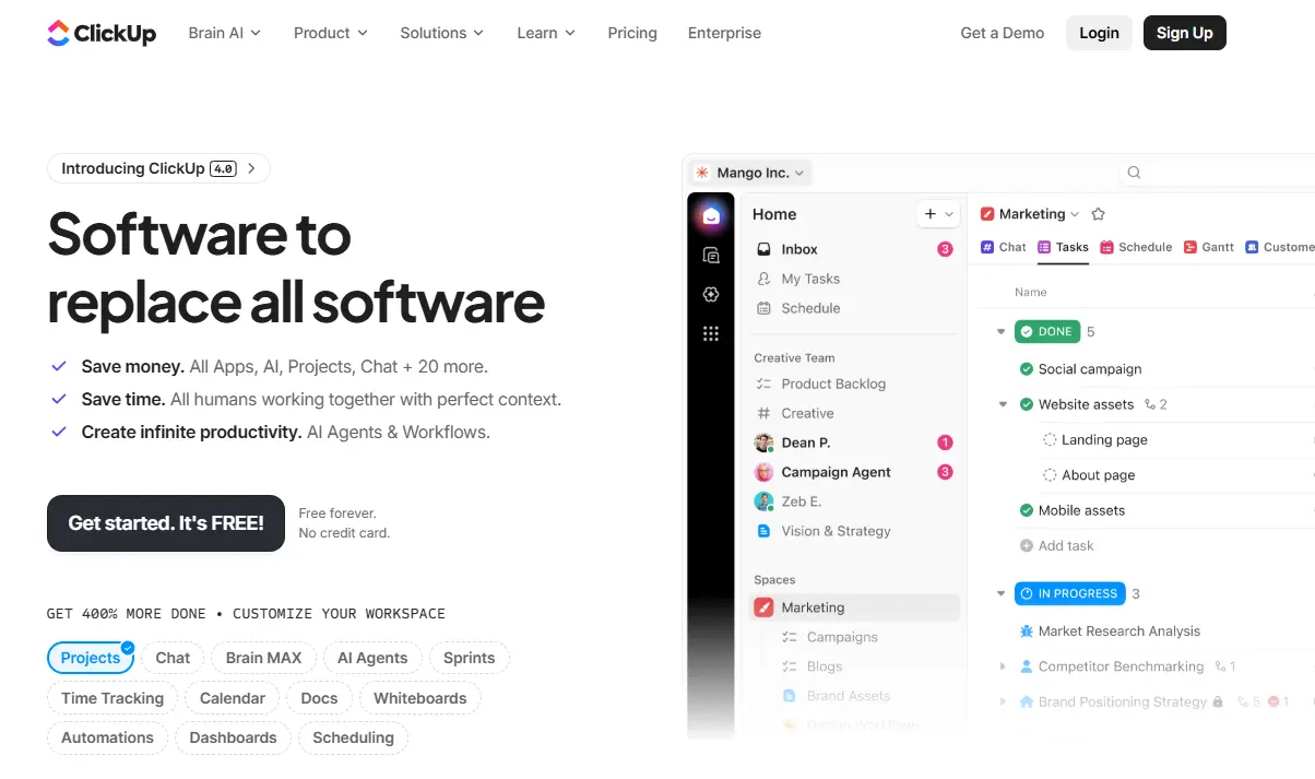 ClickUp software interface with a hero section promoting "Software to replace all software" and a task management view on the right.