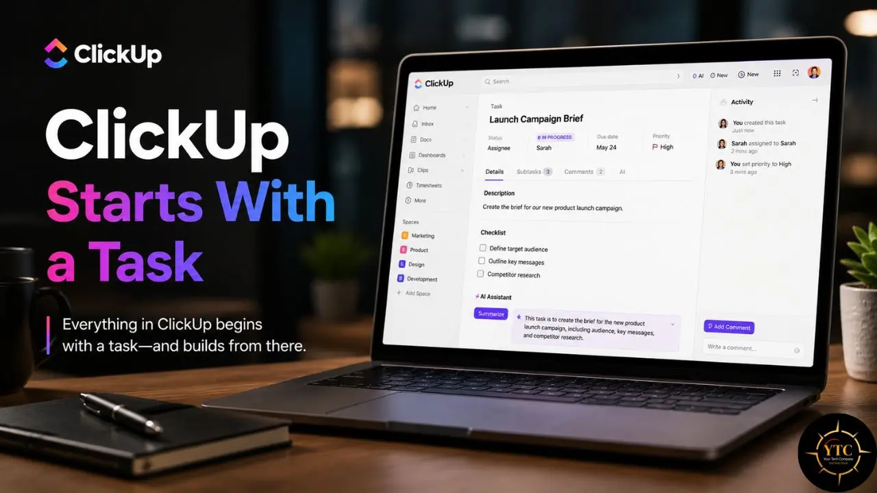 Laptop displaying the ClickUp task management interface with a "Launch Campaign Brief" open.