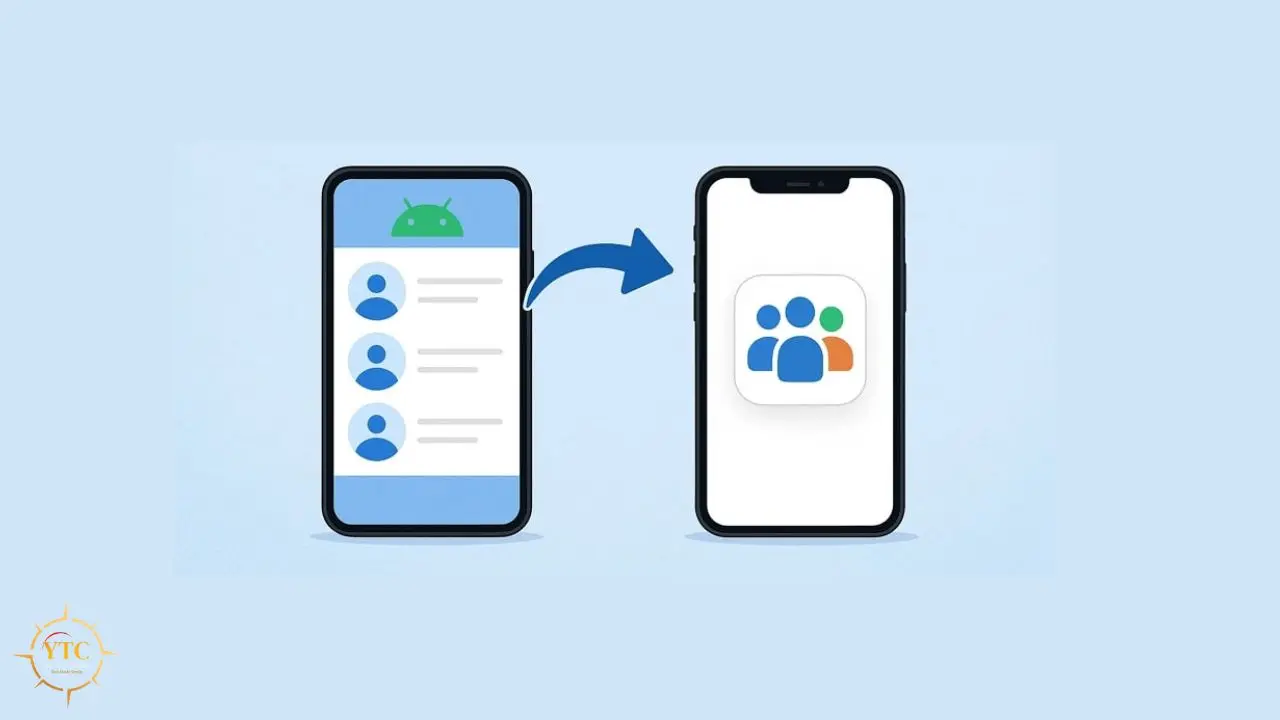 An Android phone displaying a contact list transfers data to an iPhone with a group icon.