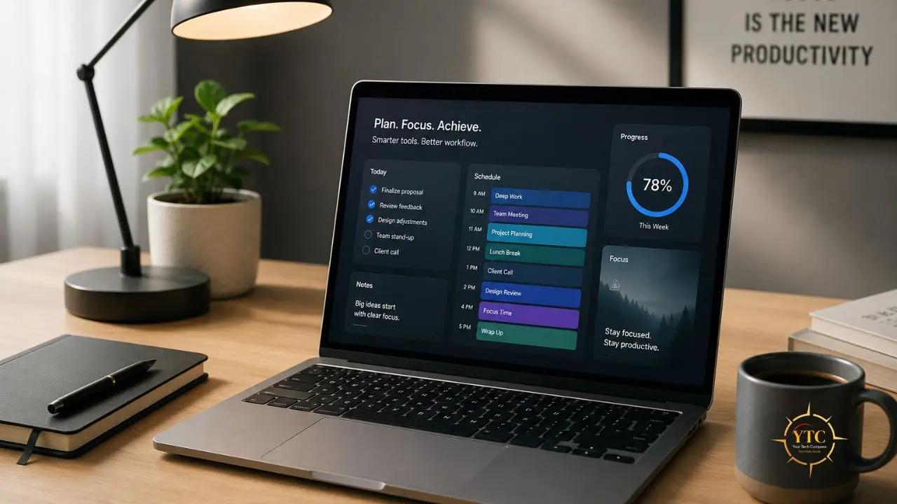 Laptop displaying a productivity app with a schedule, progress tracker, and to-do list on a desk with a notebook, lamp, and coffee mug.
